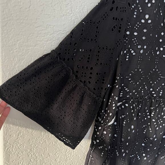 Sundance Selma Black Embroidered Eyelet Peasant Dress XL Midi High Low Flowy - Picture 6 of 9